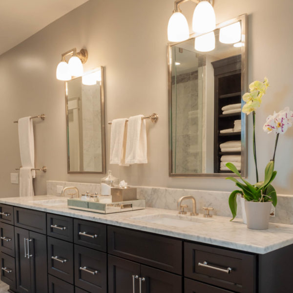 Double sink with mirrors and a flower in a pot on the counter