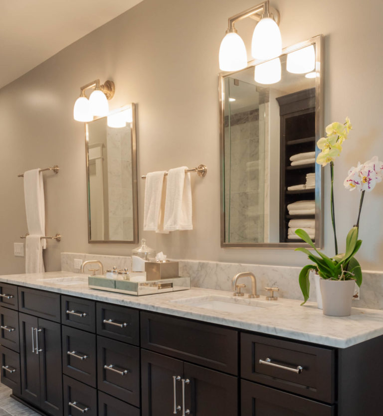 Double sink with mirrors and a flower in a pot on the counter