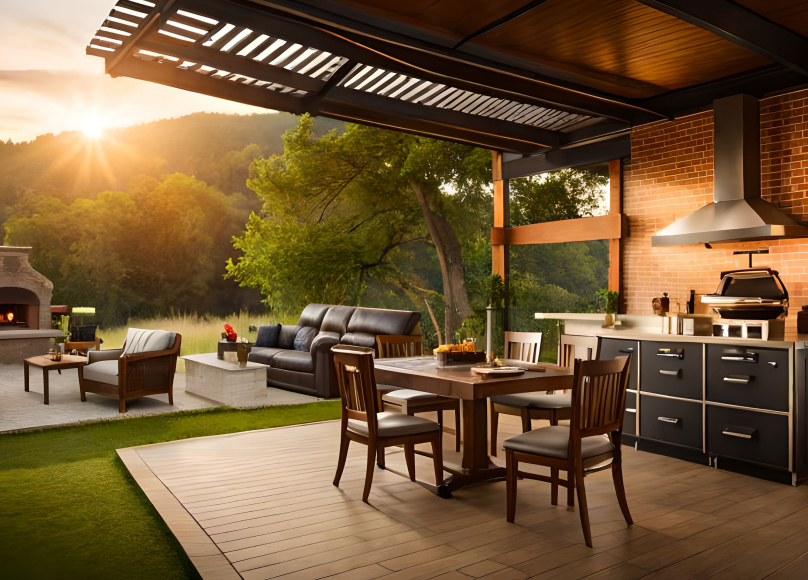 A sophisticated outdoor kitchen and dining space with comfortable seating, perfect for sunset gatherings.
