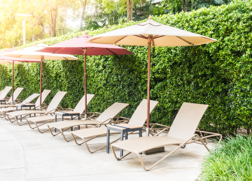 Rows of comfortable lounge chairs with colorful umbrellas, set against a lush green hedge by a poolside.