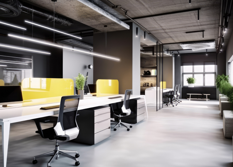 Modern office space with an industrial design and yellow privacy panels.