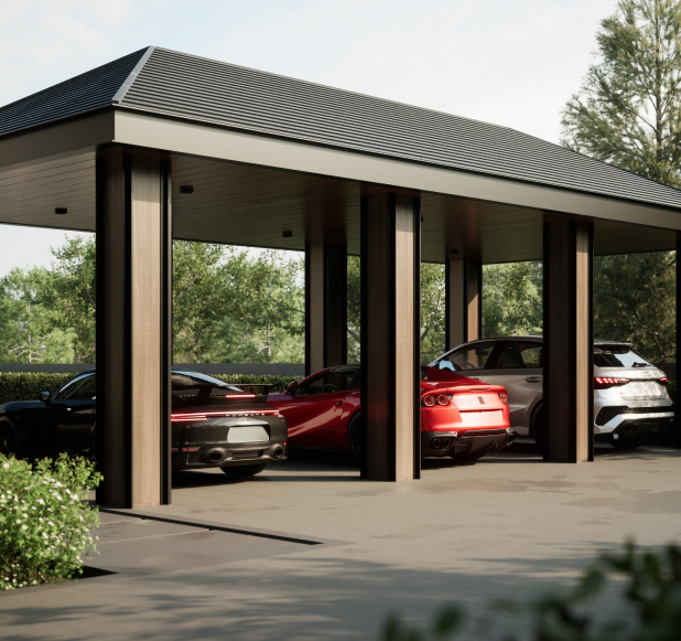 Spacious multi-car carport with sleek, modern architecture.