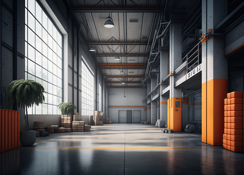 Spacious warehouse interior with industrial shelving, large windows, and custom features.