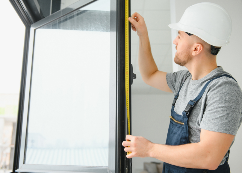 Worker measuring and installing a window frame.